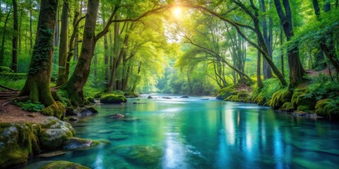 A tranquil forest scene featuring a gentle stream with crystal clear blue water flowing through it, surrounded by lush greenery and towering trees , natural beauty, nature landscape