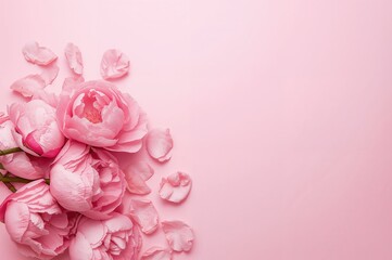 Top view of fresh pink peony flowers on a gentle pink backdrop with space for text, celebrating Mother's Day theme