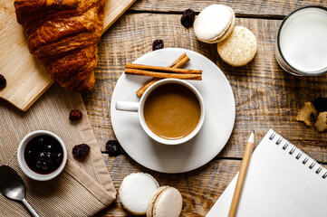 breakfast at home on wooden table with cup of  coffee