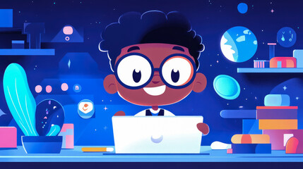 Happy diverse kid coding on laptop in futuristic, starry blue room with planets, plants, and abstract colorful elements, celebrating digital learning and creativity