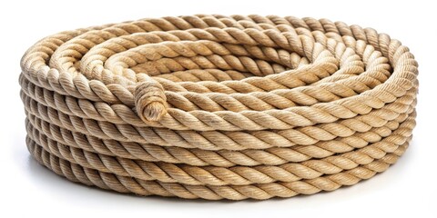 Coiled jute rope with ends and bight locked in a secure tuck under position, showcasing the sturdy texture and woven structure of the natural fiber material , secured, textile