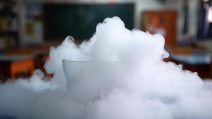 A glass releasing thick dry ice fog in a classroom science demo. - Powered by Adobe