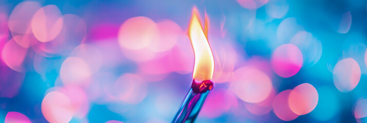 Radiant flame atop sleek blue candle, casting warm, golden light against mesmerizing bokeh background of soft, glowing pink and vibrant blue festive lights.