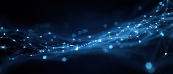 Abstract rendering of a digital network with glowing dots and connecting lines on a dark blue background