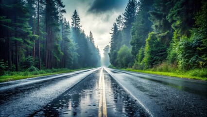 Naklejka premium A wet road with deep tire tracks in the center, surrounded by blurred trees and a distant sky , overcast