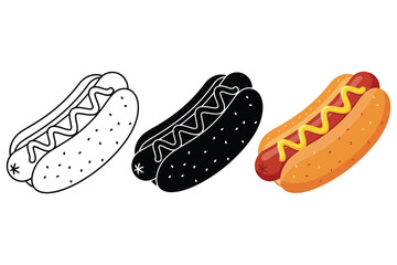 Vector art of hot dog illustration, showcasing outline, silhouette, and full color versions for versatile design