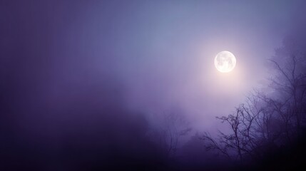 Soft blurred background in deep violet and black tones, full moon glow, subtle tree silhouettes, misty air suggesting mystery and calm night, elegant wide copy space.