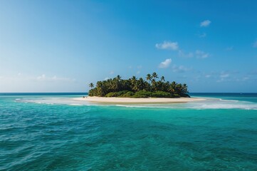 Fototapeta premium Aerial perspective of a small, verdant islet far away.