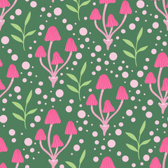 mushroom pale toadstool seamless pattern. Vector Illustration for printing, backgrounds, covers and packaging. Image can be used for greeting cards, posters and textile. Isolated on green background.
