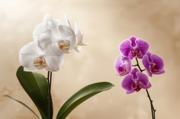 Fototapeta premium Elegant white and violet orchids bloom naturally