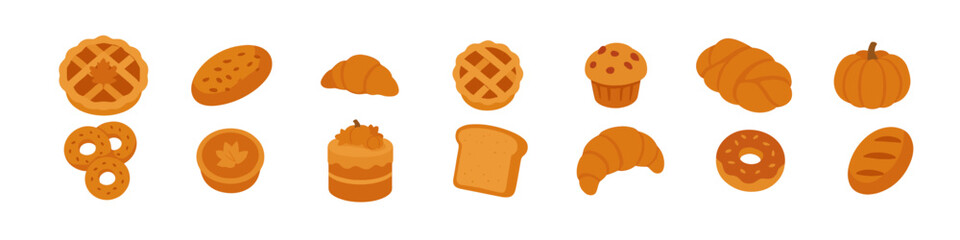 Flat autumn bakery icons: pies, croissants, muffins, and more