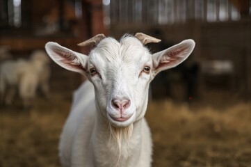 Fototapeta premium White goat inside a stable. Farm goats in a rustic setting. Adorable angora wool animal.