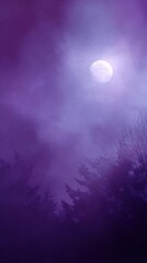 Fototapeta premium Soft blurred background in deep violet and black tones, full moon glow, subtle tree silhouettes, misty air suggesting mystery and calm night, elegant wide copy space.