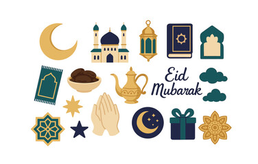 Eid mubarak celebration icons with mosque, crescent, and lantern