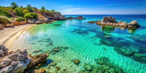 Fototapeta premium Turquoise Mediterranean sea meets sandy shoreline at low tide revealing exposed rocky outcrops and vibrant beachy vegetation, turquoise water, marine life