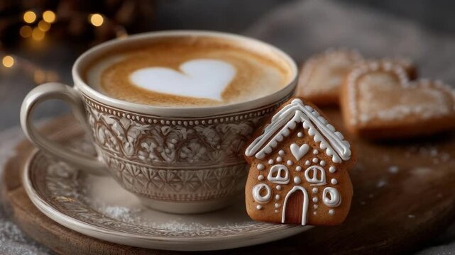 Latte with a heart design in a patterned cup beside a gingerbread house cookie on a wooden board.
