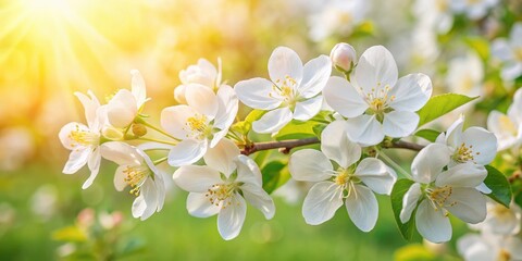 Obraz premium Crab apple flowers in a sunny field with delicate white petals and yellow centers#crabapple , sunny field