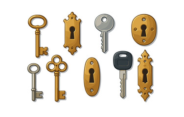 Vintage and modern key and keyhole collection in flat design