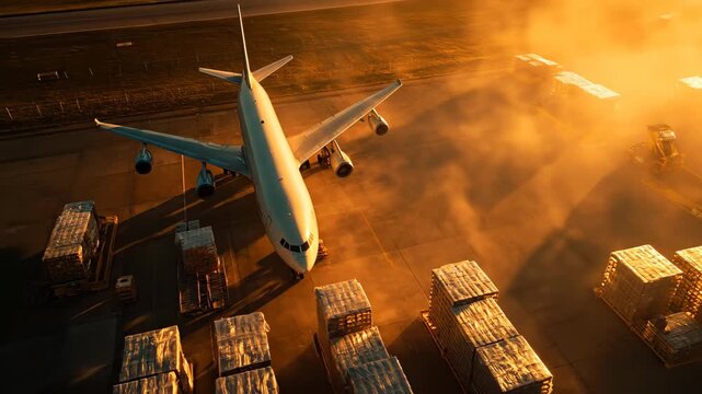 Aerial drone view of a cargo airplane being loaded at the airport during golden sunset. Warm light and long shadows highlight the beauty of global logistics and air freight operations.