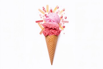 Gummy Candy Topped Ice Cream Cone from Above. Holiday and Celebration Theme with Vibrant Pink Sweets. Chic and Simple Design.