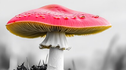 Closeup fly agaric mushroom with red cap and white stem, nature photography