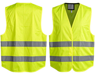Front and back view of a high visibility yellow safety vest with reflective stripes. Isolated on transparent background, png