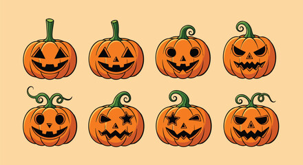 Set of Funny and Scary Halloween Pumpkin Faces Vector Illustration