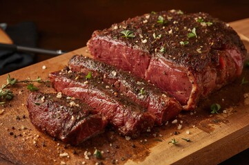 Fototapeta premium Seasoned Porterhouse Beef Slices on a Rustic Wooden Platter