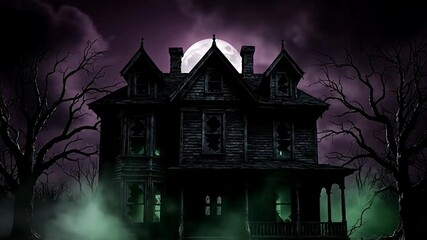 Haunted house spooky halloween background animation loop horror scene scary mansion dark night creepy - Powered by Adobe