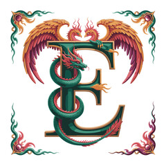 Fototapeta premium Mythical emerald green dragon coiled around ornate letter e with fiery wings and decorative corners