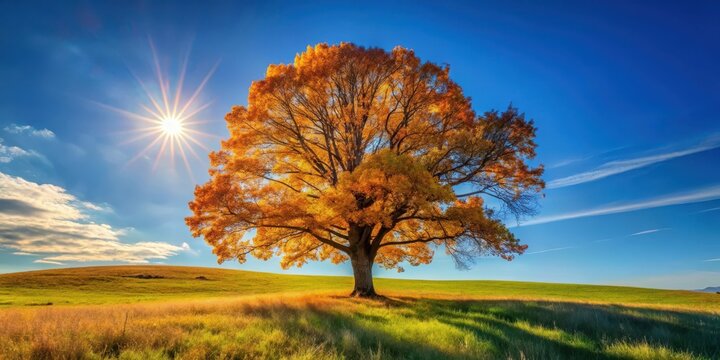 A lone oak tree stands tall against a bright blue sky on an autumn day with sunlight casting long shadows across the grass - Powered by Adobe