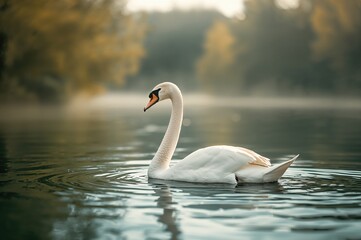 Fototapeta premium A pale swan floating on water