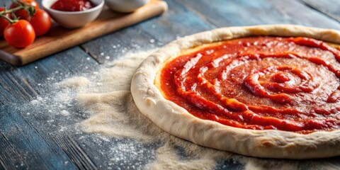 homemade sourdough pizza dough with tomato sauce on raw dough, homemade pizza, food,  homemade pizza, food