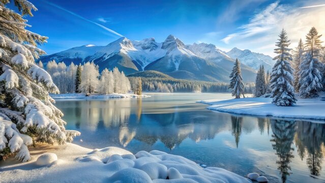 Frosty mountain landscape with snow-covered trees and a frozen lake in the foreground, snowy mountains, wintery scene - Powered by Adobe
