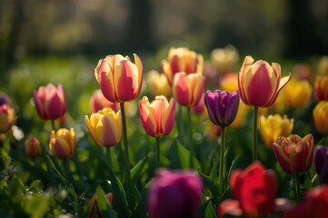 Obraz premium Brightly colored tulips blossoming in a lively spring garden