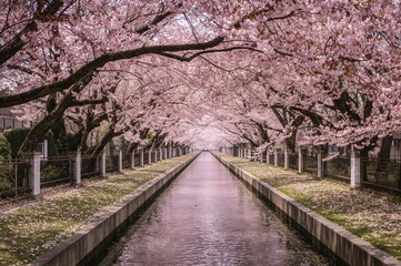 Scenic riverside paths lined with vibrant pink cherry blossoms beneath elegant arches along a tranquil canal