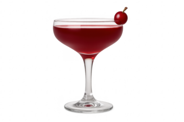 Red cocktail coupe glass with cherry garnish