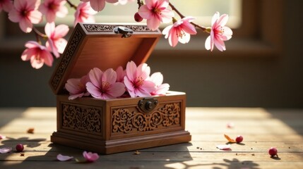 Intricately Carved Wooden Box Overflowing with Delicate Pink Blossoms, Bathed in Warm Sunlight on Rustic Wooden Surface