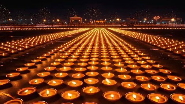 A breathtaking view of thousands of glowing diyas illuminating the night during Diwali festival. The frame captures the warmth, unity, and spiritual beauty of India&rsquo;s biggest celebration of lights. Pe