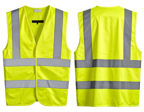 Front and back view of a high visibility yellow safety vest with reflective stripes. Isolated on transparent background, png