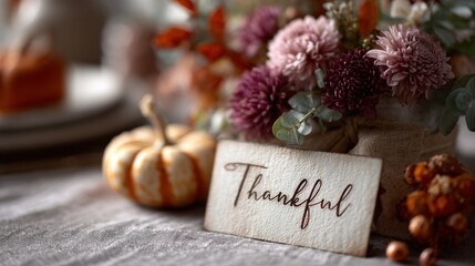 Handwritten thankful sign on a stunning table for thanksgiving dinner celebration