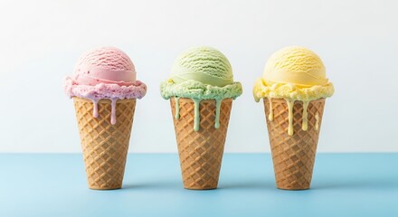 Three colorful ice cream cones on a light blue background with melting ice cream. Concept for summer treats, dessert menu, and culinary inspiration