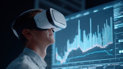 A person wearing a virtual reality headset, immersed in a digital environment displaying various graphs and data visualizations.