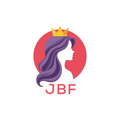 JBF Modern Beauty Queen Logo. JBF Design with Crown and Elegant Woman Silhouette. JBF Feminine Luxury Brand.
