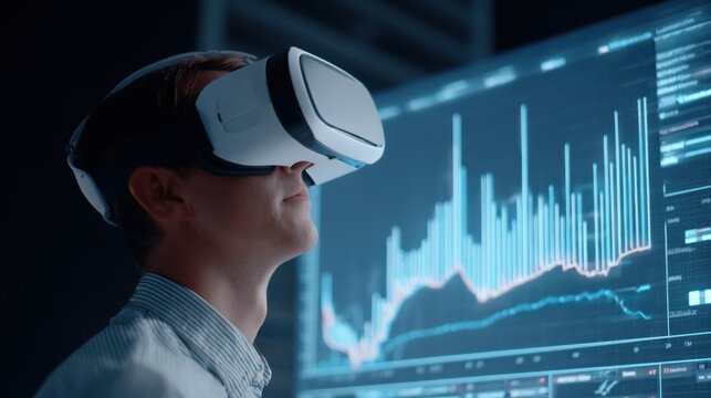A person wearing a virtual reality headset, immersed in a digital environment displaying various graphs and data visualizations.