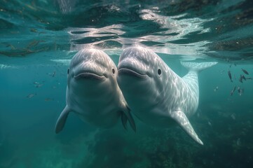 A pair of white beluga whales swimming together