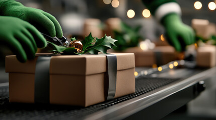 Festive Santa’s workshop factory scene with cheerful adult male, female elves packing colorful Christmas gifts into decorative boxes, joyful holiday atmosphere, snowy seasonal background, copy space