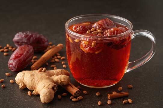 Transparent cup filled with spiced tea featuring dates, fennel, cinnamon, and ginger in a bright horizontal shot