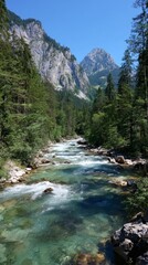 Mountain River Serenity: A pristine river meanders through a lush, green forest, flanked by towering mountains under a clear blue sky, evoking a sense of peace and natural beauty.