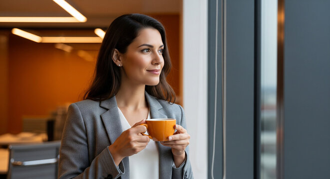 Woman by window holding coffee cup, modern office interior, professional atmosphere